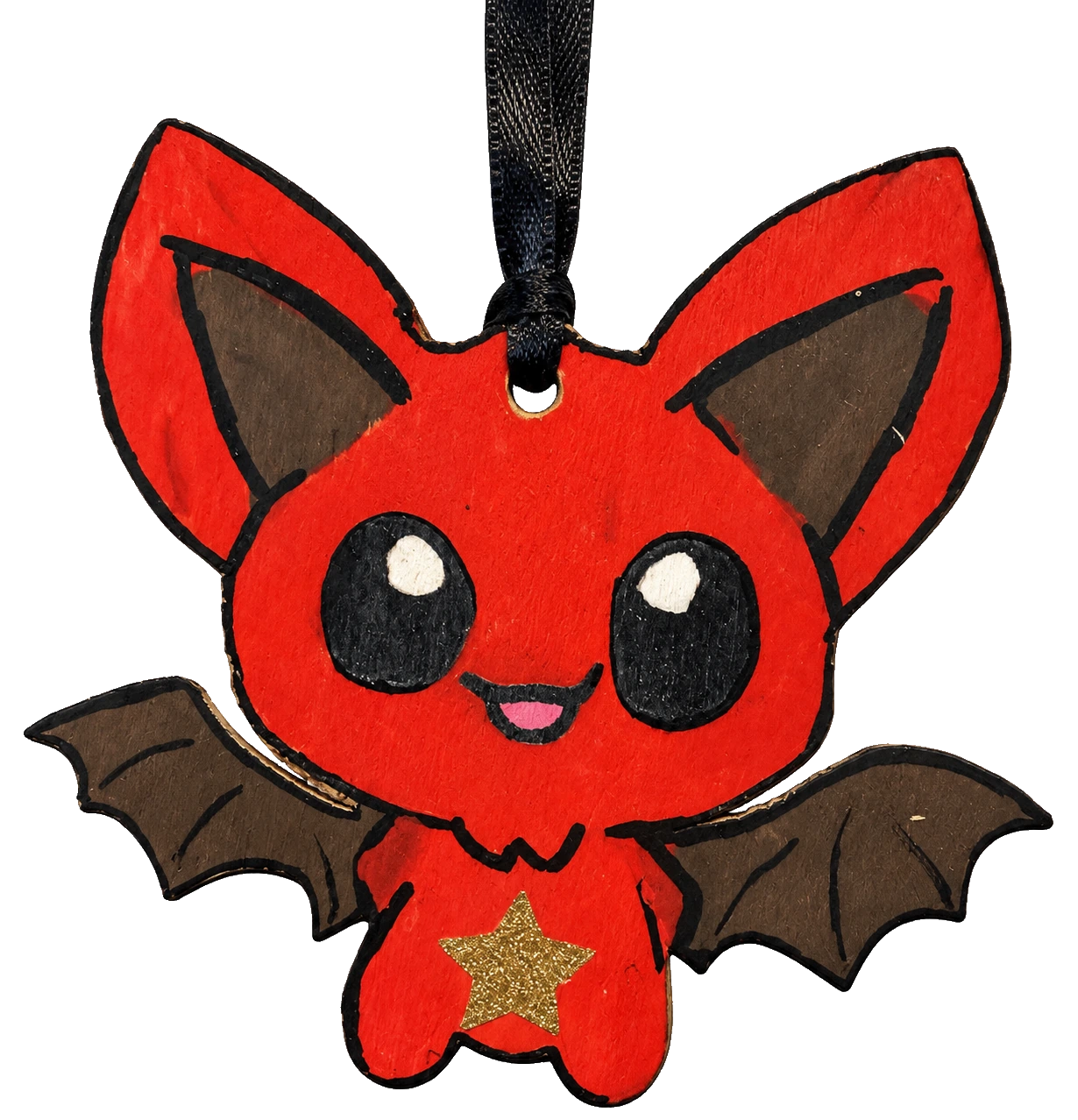 Médaille chauve-souris rouge en bois peint, avec une étoile dorée et un ruban noir